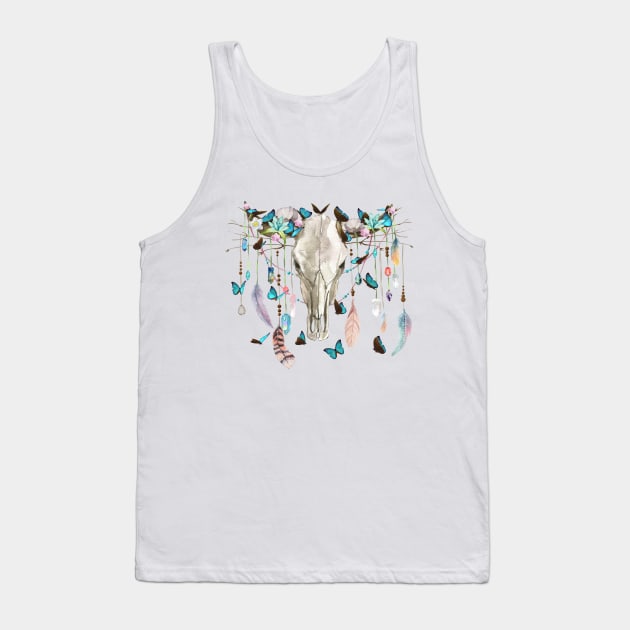 Butterflies Crystals And Flowers On A Cow Skull Tank Top by LittleBunnySunshine